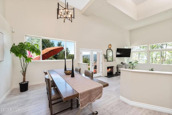 Dining room, Fireplace, Interior, Pendant Lights, Wood Texture Flooring