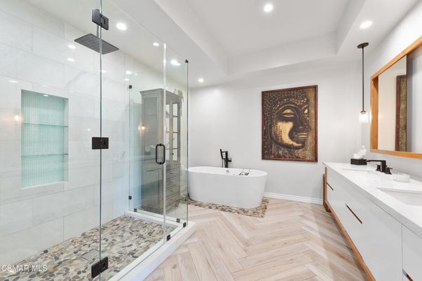 Bathroom, Dual Sink Vanities, Free Standing Baths, Glass Shower, Interior, Pendant Lights, Recessed Lighting, Wood Texture Flooring