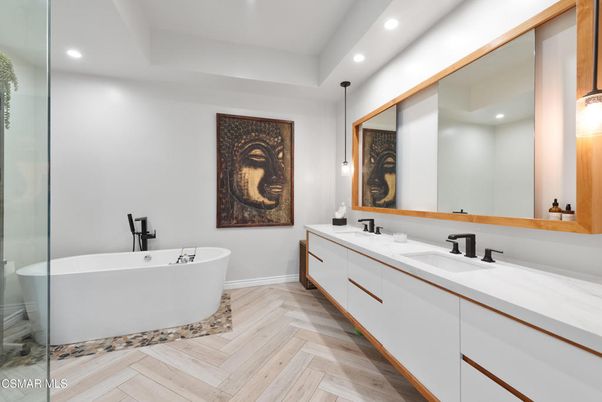 Bathroom, Dual Sink Vanities, Free Standing Baths, Interior, Recessed Lighting, Wood Texture Flooring