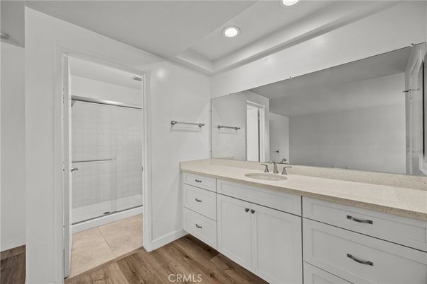 Bathroom, Glass Shower, Interior, Recessed Lighting, Wood Texture Flooring