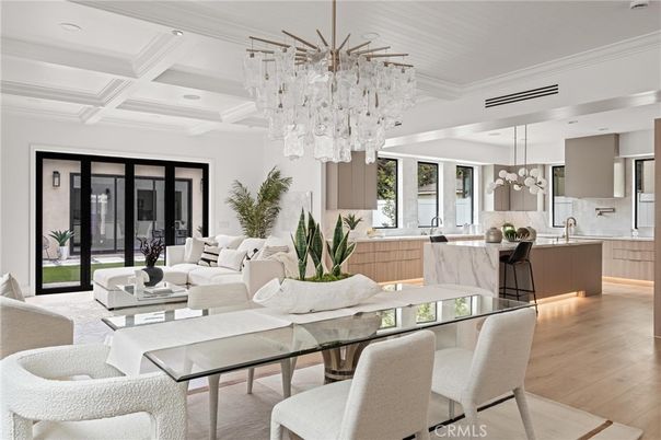 Chandelier, Dining room, Interior, Kitchen, Living room, Pendant Lights, Recessed Lighting, Wood Texture Flooring