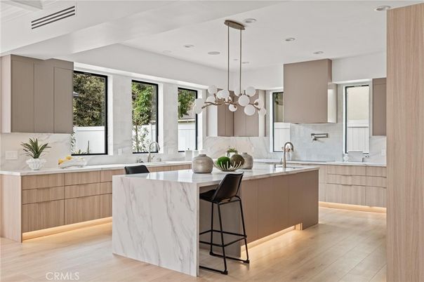 Interior, Kitchen, Marble Walls, Pendant Lights, Recessed Lighting, Wood Texture Flooring