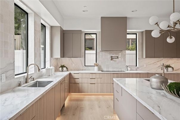 Interior, Kitchen, Marble Walls, Pendant Lights, Recessed Lighting, Wood Texture Flooring