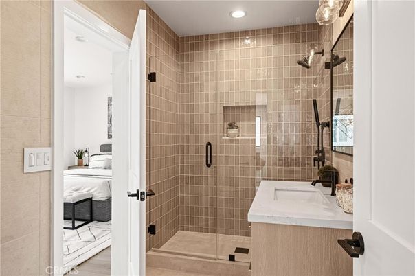 Bathroom, Glass Shower, Interior, Recessed Lighting, Wood Texture Flooring