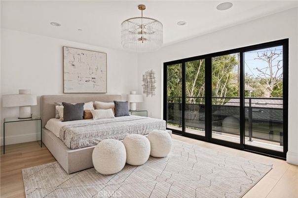Bedroom, Chandelier, Interior, Recessed Lighting, Wood Texture Flooring