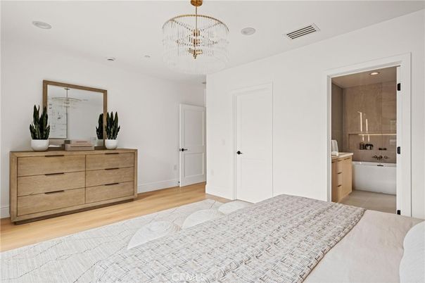Bathroom, Bedroom, Chandelier, Glass Shower, Interior, Wood Texture Flooring