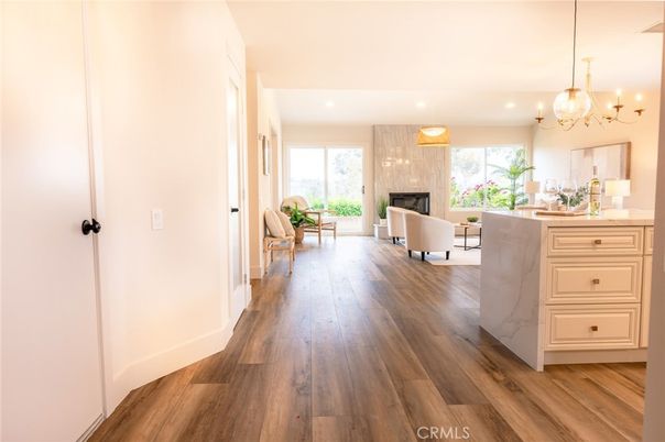 Fireplace, Interior, Living room, Pendant Lights, Recessed Lighting, Wood Texture Flooring