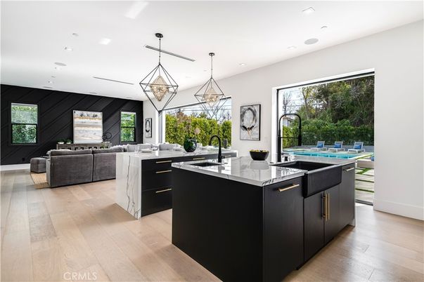 Interior, Kitchen, Living room, Pendant Lights, Recessed Lighting, Wood Texture Flooring