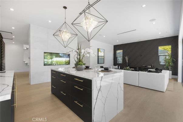Interior, Kitchen, Living room, Pendant Lights, Recessed Lighting, Wood Texture Flooring