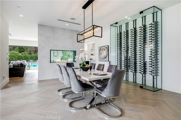 Dining room, Interior, Pendant Lights, Recessed Lighting, Wine Storage, Wood Texture Flooring