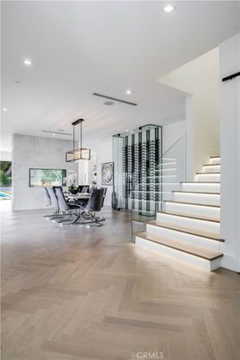 Dining room, Interior, Pendant Lights, Recessed Lighting, Wine Storage, Wood Texture Flooring
