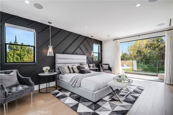 Bedroom, Interior, Pendant Lights, Recessed Lighting, Wood Texture Flooring
