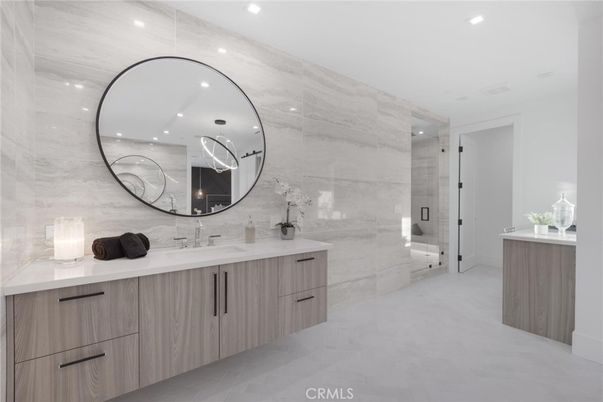 Bathroom, Dual Sink Vanities, Glass Shower, Interior, Marble Walls, Recessed Lighting