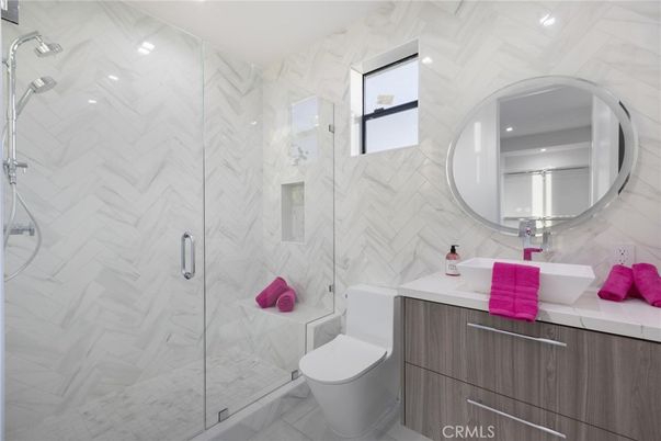 Bathroom, Glass Shower, Interior, Marble Walls, Recessed Lighting