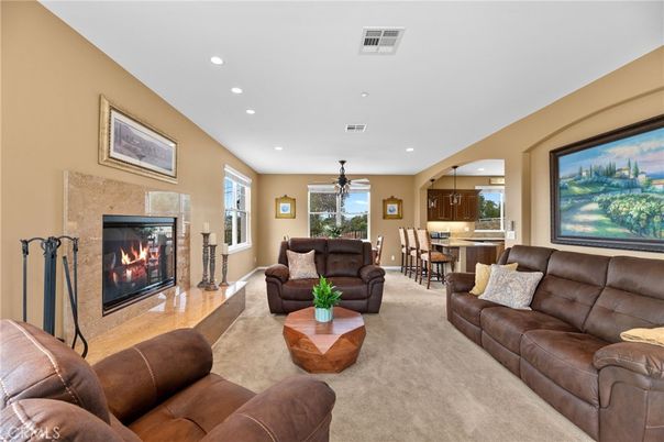 Dining room, Fireplace, Interior, Kitchen, Living room, Pendant Lights, Recessed Lighting