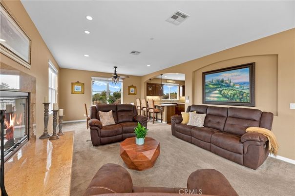 Dining room, Fireplace, Interior, Kitchen, Living room, Pendant Lights, Recessed Lighting