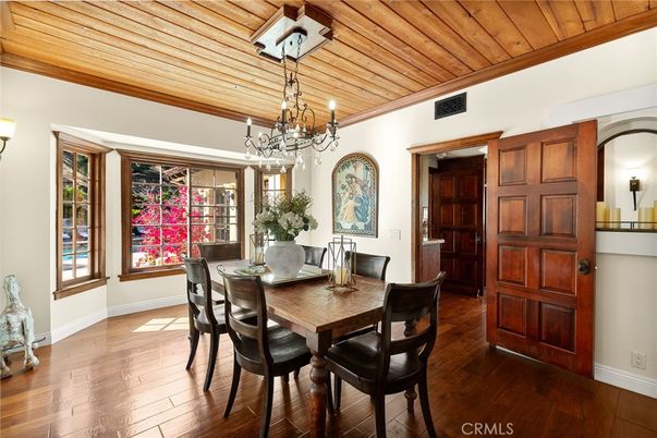 Chandelier, Dining room, Interior, Wooden Ceilings, Wood Texture Flooring