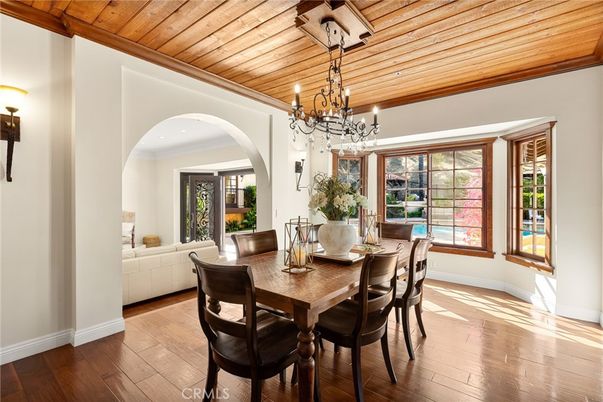 Chandelier, Dining room, Interior, Wooden Ceilings, Wood Texture Flooring