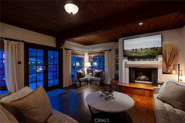 Fireplace, Interior, Living room, Recessed Lighting, Wooden Ceilings, Wood Texture Flooring