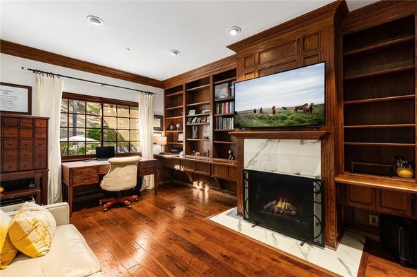 Fireplace, Home Office, Interior, Recessed Lighting, Wood Texture Flooring