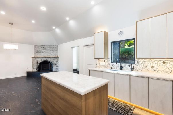 Fireplace, Interior, Kitchen, Marble, Pendant Lights, Recessed Lighting, Stone Walls