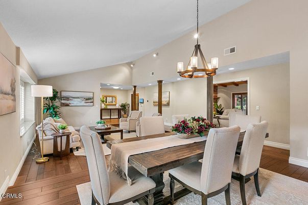 Chandelier, Dining room, Interior, Living room, Pendant Lights, Recessed Lighting, Wood Texture Flooring