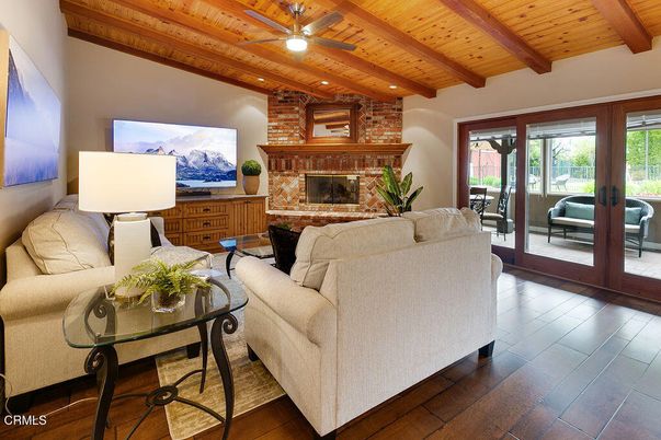Fireplace, Interior, Living room, Recessed Lighting, Stone Walls, Wooden Beams, Wooden Ceilings, Wood Texture Flooring