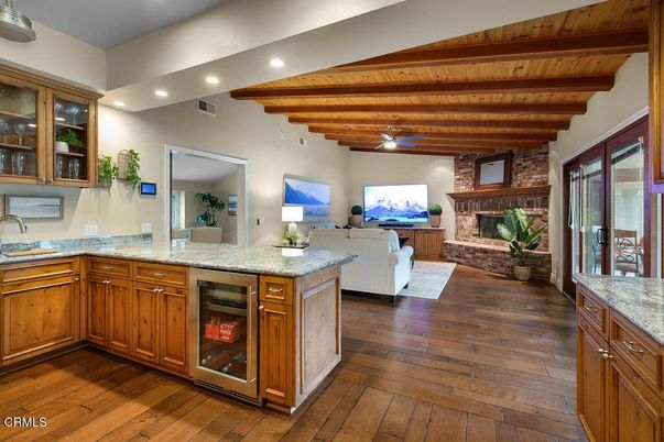 Fireplace, Interior, Kitchen, Living room, Recessed Lighting, Stone Walls, Wooden Beams, Wooden Ceilings, Wood Texture Flooring