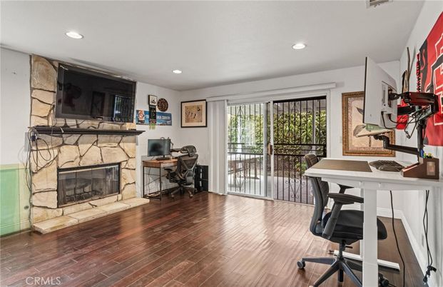 Fireplace, Home Office, Interior, Recessed Lighting, Wood Texture Flooring