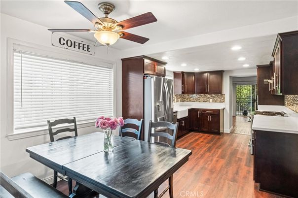 Dining room, Interior, Kitchen, Recessed Lighting, Stainless Steel Appliances, Wood Texture Flooring
