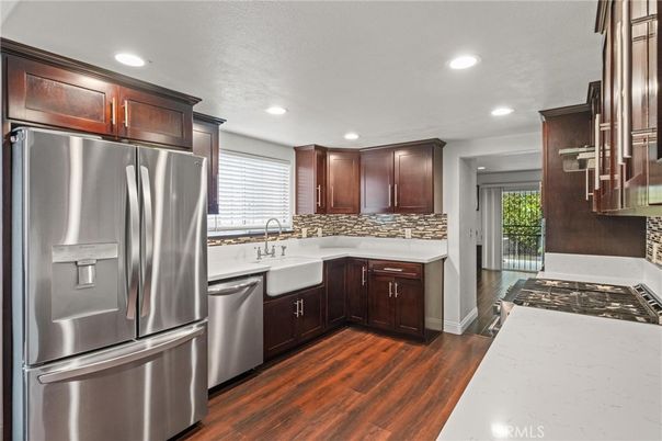 Interior, Kitchen, Recessed Lighting, Stainless Steel Appliances, Wood Texture Flooring