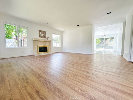 Empty room, Fireplace, Interior, Recessed Lighting, Wood Texture Flooring