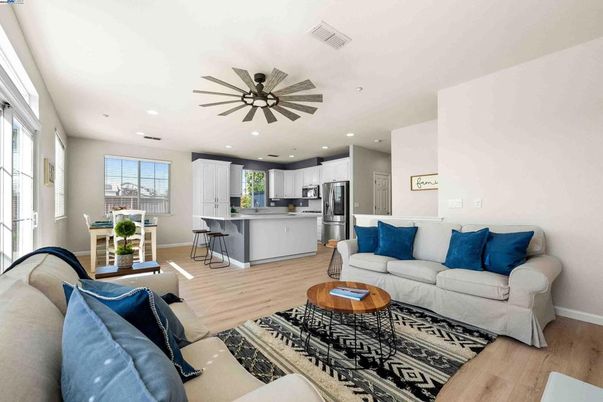 Interior, Kitchen, Living room, Recessed Lighting, Stainless Steel Appliances, Wood Texture Flooring