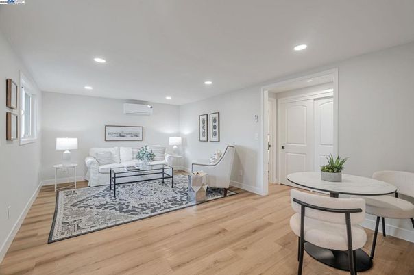 Dining room, Interior, Living room, Recessed Lighting, Wood Texture Flooring