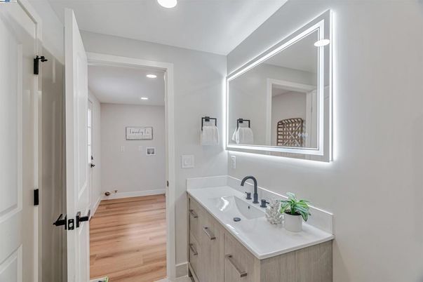 Bathroom, Interior, Recessed Lighting, Wood Texture Flooring