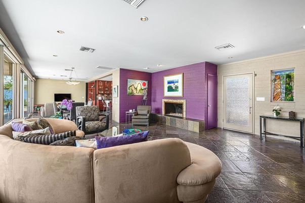 Fireplace, Interior, Living room, Pendant Lights, Recessed Lighting, Stone Walls