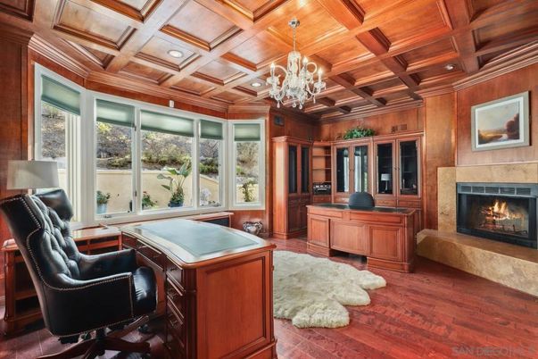 Chandelier, Fireplace, Home Office, Interior, Recessed Lighting, Wooden Beams, Wooden Ceilings, Wood Texture Flooring, Wooden Walls