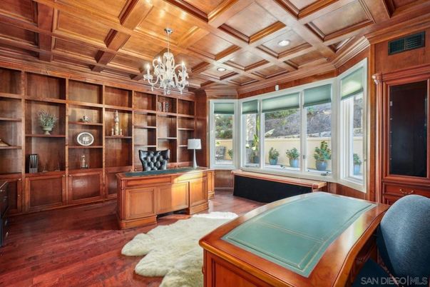 Chandelier, Home Office, Interior, Recessed Lighting, Wooden Beams, Wooden Ceilings, Wood Texture Flooring, Wooden Walls