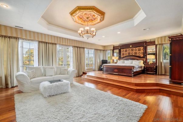 Bedroom, Chandelier, Interior, Recessed Lighting, Wood Texture Flooring