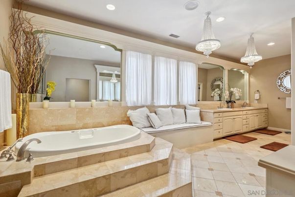 Bathroom, Chandelier, Dual Sink Vanities, Interior, Recessed Lighting