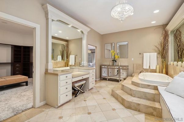 Bathroom, Chandelier, Dual Sink Vanities, Interior, Recessed Lighting