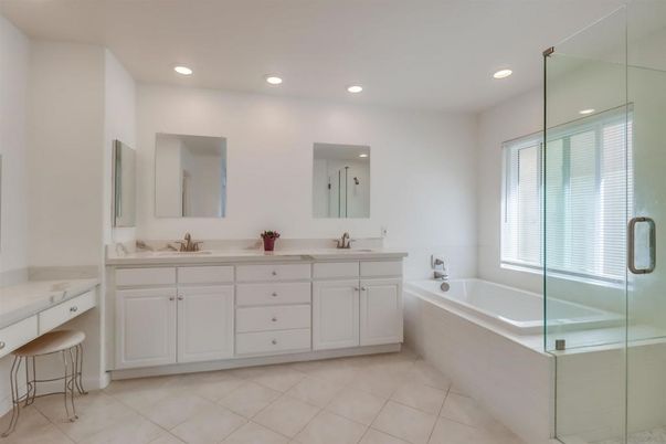 Bathroom, Dual Sink Vanities, Glass Shower, Interior, Recessed Lighting