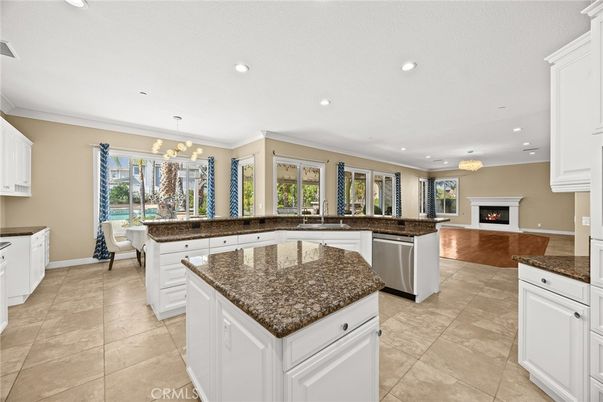 Chandelier, Dining room, Fireplace, Interior, Kitchen, Recessed Lighting