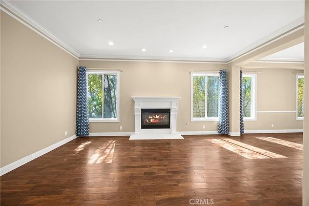 Empty room, Fireplace, Interior, Recessed Lighting, Wood Texture Flooring