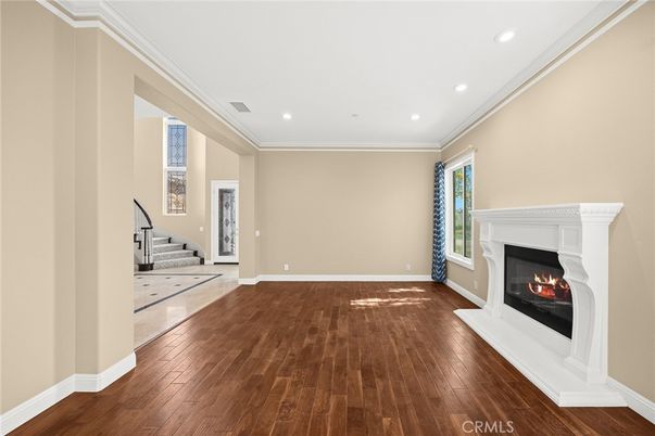 Empty room, Fireplace, Interior, Recessed Lighting, Wood Texture Flooring