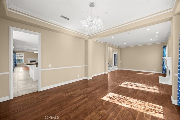 Chandelier, Empty room, Interior, Recessed Lighting, Wood Texture Flooring