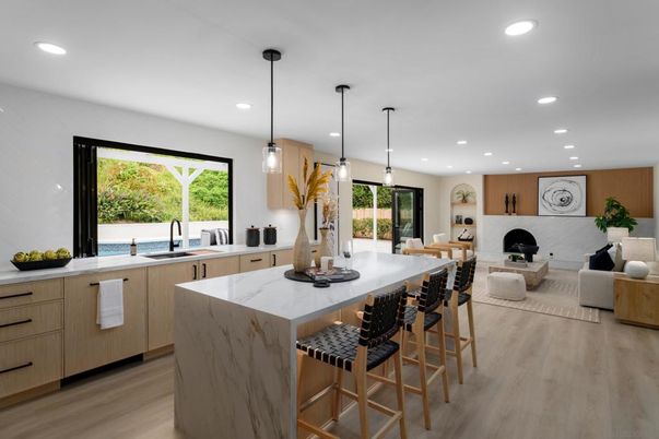 Fireplace, Interior, Kitchen, Living room, Pendant Lights, Recessed Lighting, Wood Texture Flooring