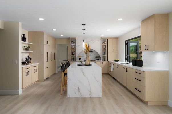 Interior, Kitchen, Marble Walls, Pendant Lights, Recessed Lighting, Wood Texture Flooring