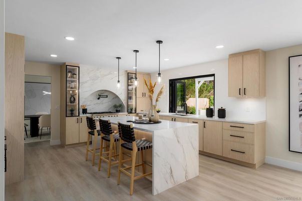 Interior, Kitchen, Marble Walls, Pendant Lights, Recessed Lighting, Wood Texture Flooring