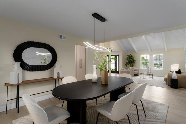 Dining room, Interior, Living room, Pendant Lights, Wood Texture Flooring